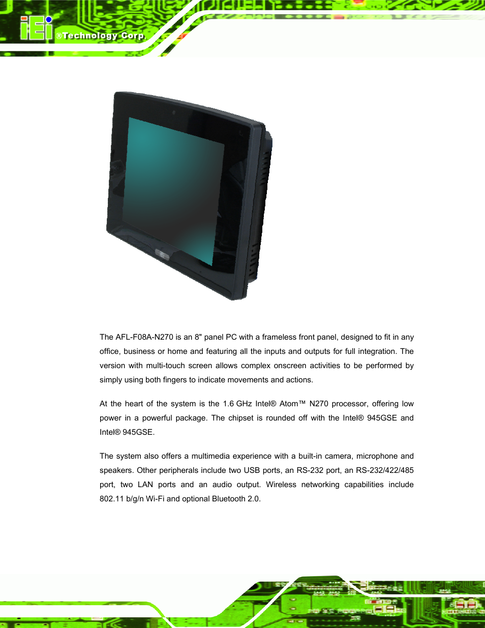 1 overview, Verview, Figure 1-1: afl-f08a-n270 flat panel pc | IEI Integration AFL-F08A v2.21 User Manual | Page 14 / 158