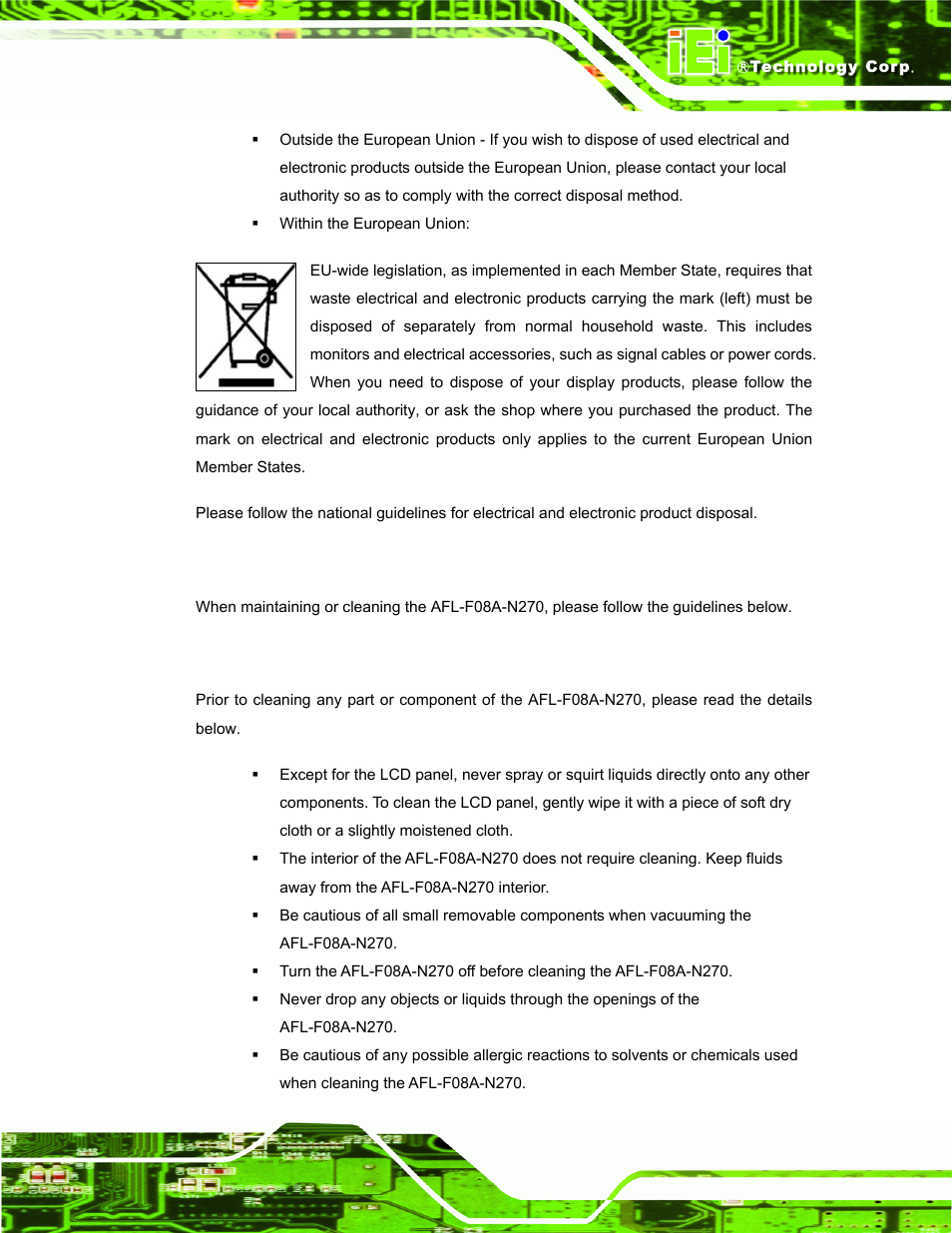 D.2 maintenance and cleaning precautions, D.2.1 maintenance and cleaning, Aintenance and | Leaning, Recautions | IEI Integration AFL-F08A v2.21 User Manual | Page 149 / 158