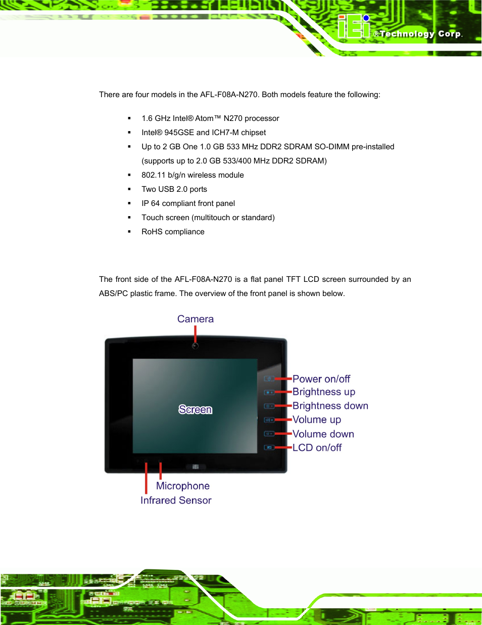 2 features, 3 front panel, Eatures | Ront, Anel, Figure 1-2: afl-f08a-n270 front view | IEI Integration AFL-F08A v2.21 User Manual | Page 15 / 158
