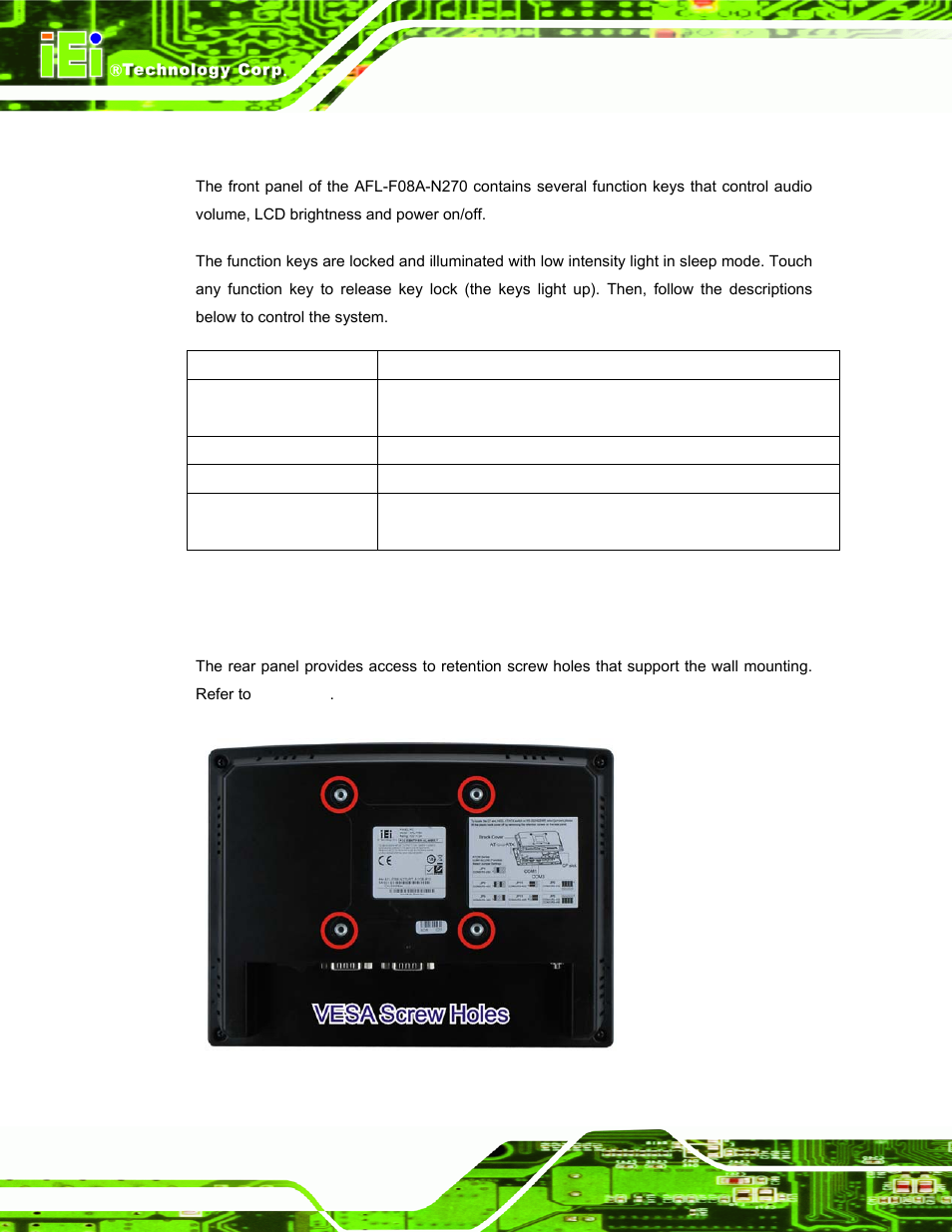 1 function keys, 4 rear panel, Anel | Figure 1-3: afl-f08a-n270 rear view, Table 1-1: function keys | IEI Integration AFL-F08A v2.21 User Manual | Page 16 / 158