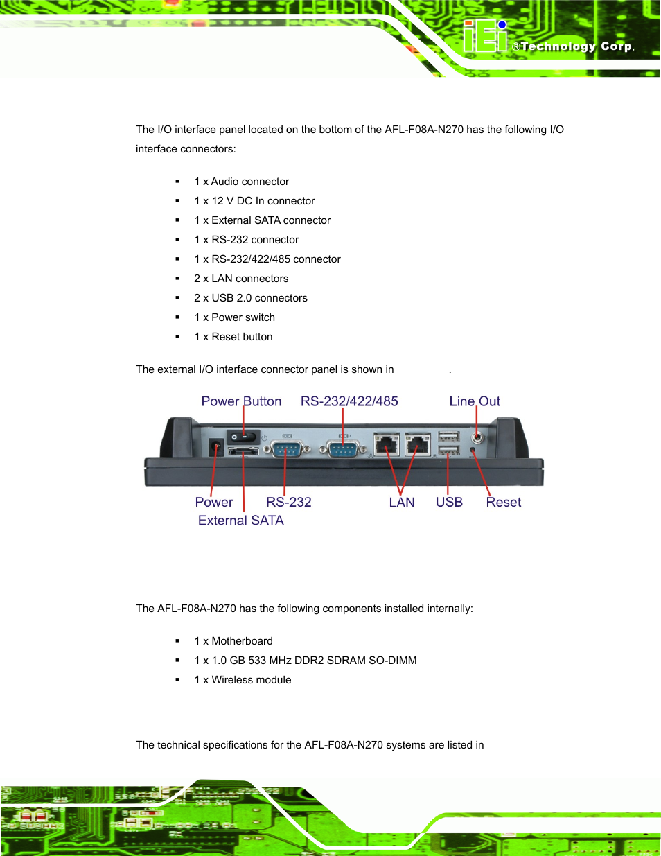5 i/o interface panel, 6 internal overview, 7 system specifications | Nterface, Anel, Nternal, Verview, Ystem, Pecifications | IEI Integration AFL-F08A v2.21 User Manual | Page 17 / 158