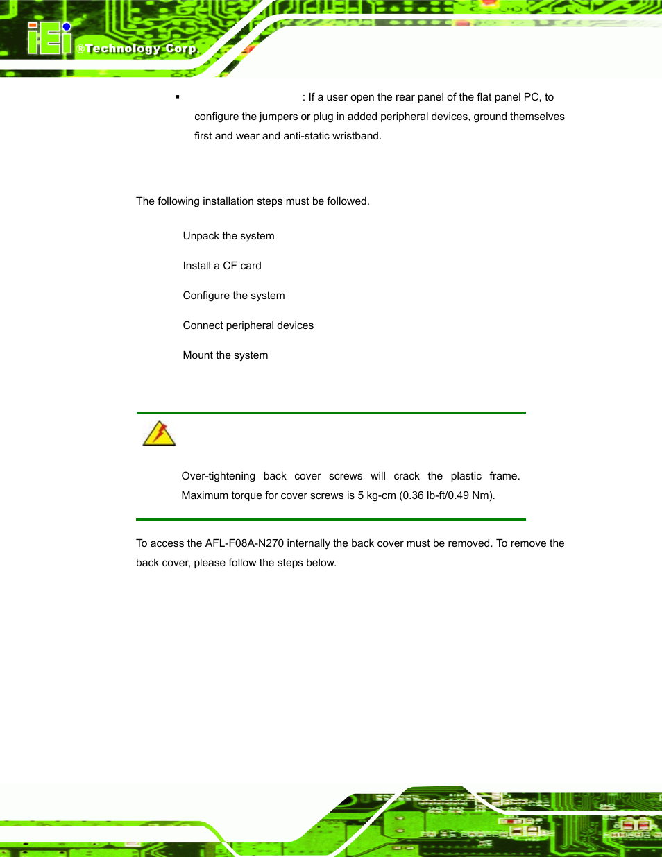 3 installation and configuration steps, 4 removing the back cover, Nstallation and | Onfiguration, Teps, Emoving the, Over | IEI Integration AFL-F08A v2.21 User Manual | Page 28 / 158