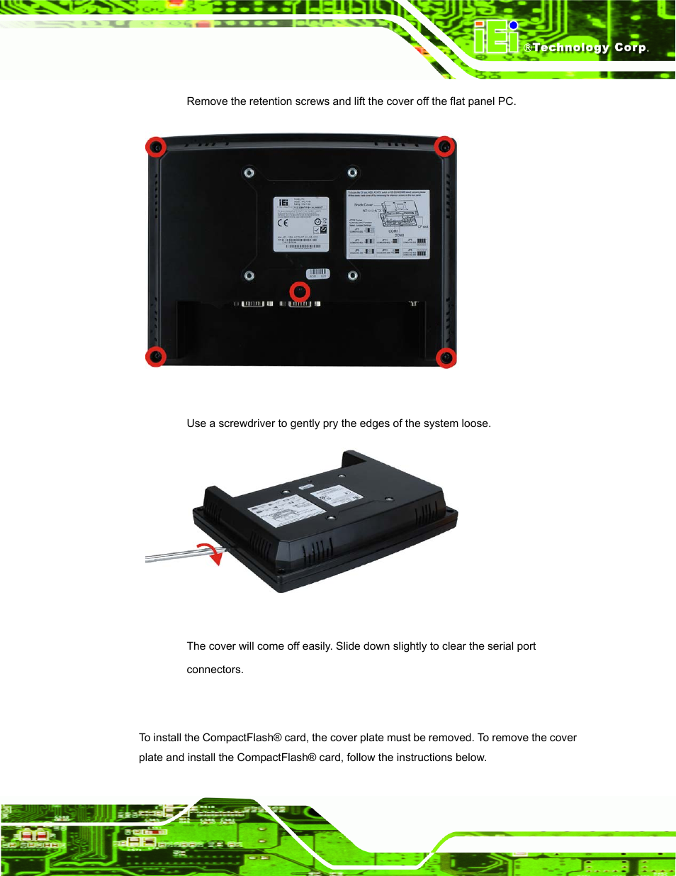 5 cf card installation, Nstallation, Figure 3-1: back cover retention screws | Figure 3-2: pry the rear cover off | IEI Integration AFL-F08A v2.21 User Manual | Page 29 / 158