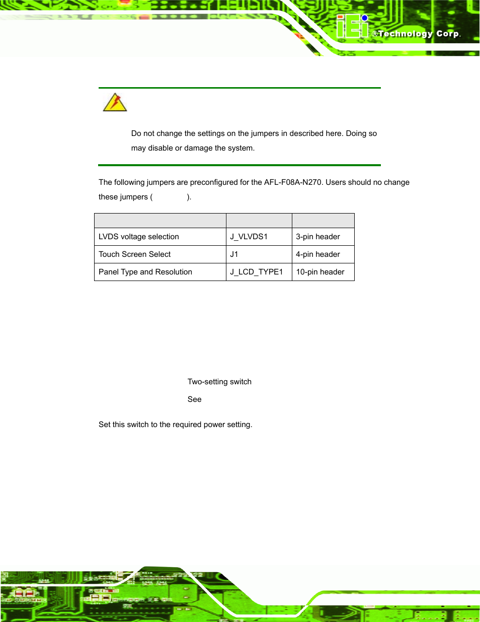 2 preconfigured jumpers, 3 at/atx power select jumper settings, Table 3-2: preconfigured jumpers | IEI Integration AFL-F08A v2.21 User Manual | Page 33 / 158
