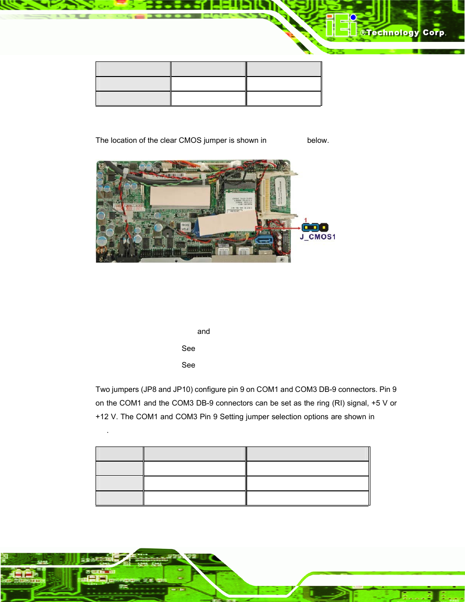 5 com port pin 9 select, Figure 3-8: clear cmos jumper, Table 3-3: clear cmos jumper settings | Table 3-4: com1 pin 9 setting jumper settings | IEI Integration AFL-F08A v2.21 User Manual | Page 35 / 158