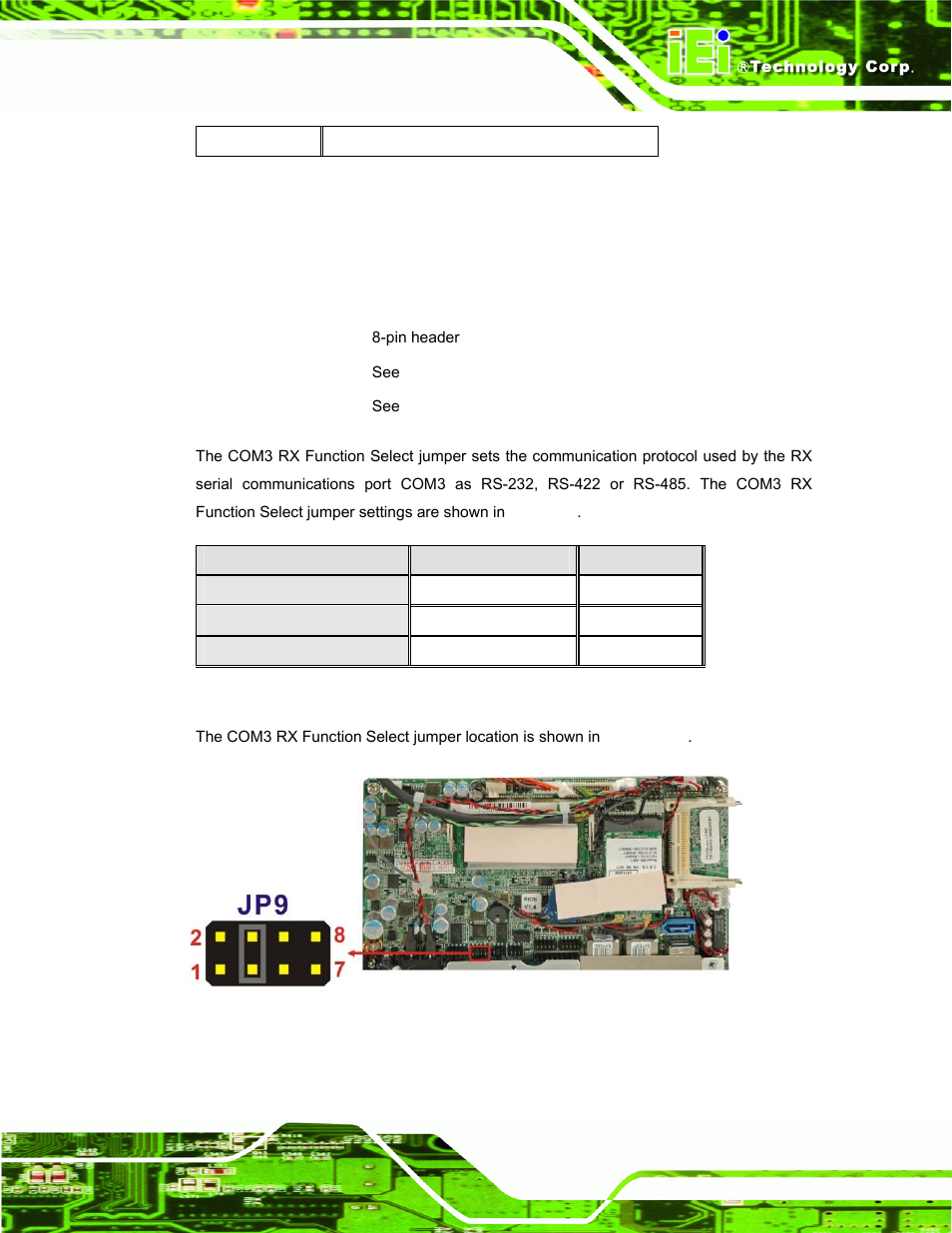 6 com3 rx function select jumper, Table 3-7: rs-485 pinouts, Table 3-8: com3 rx function select jumper settings | IEI Integration AFL-F08A v2.21 User Manual | Page 37 / 158