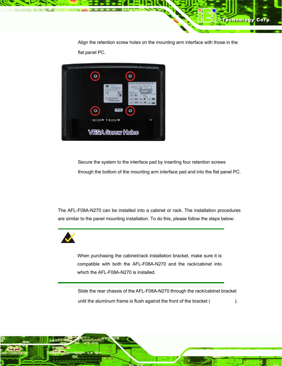 4 cabinet and rack installation, Figure 3-17: arm mounting retention screw holes | IEI Integration AFL-F08A v2.21 User Manual | Page 45 / 158