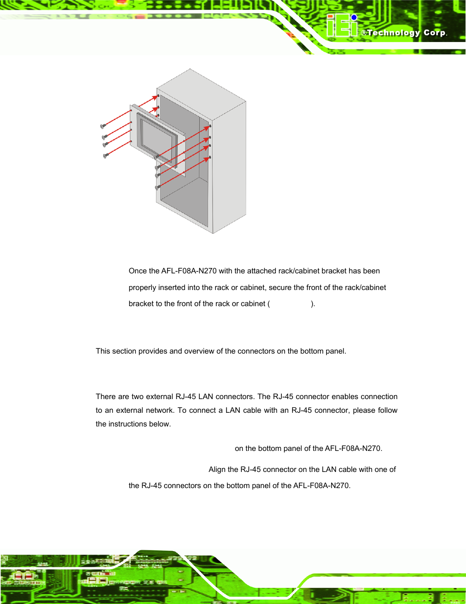 9 bottom panel connectors, 1 lan connection, Ottom | Anel, Onnectors, Figure 3-20: install into a rack/cabinet | IEI Integration AFL-F08A v2.21 User Manual | Page 47 / 158