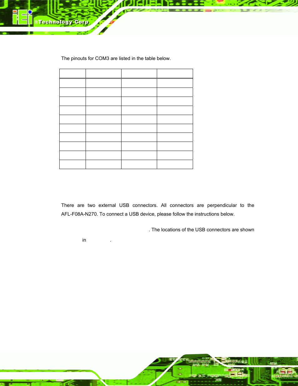 2 com3 pinouts, 3 usb device connection, Table 3-12: com3 connector pinouts | IEI Integration AFL-F08A v2.21 User Manual | Page 50 / 158