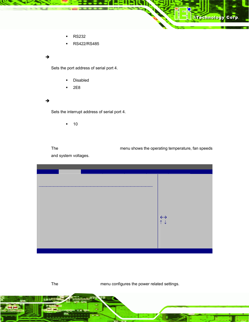 4 hardware health configuration, 5 power configuration, Bios menu 7: hardware health configuration | Figure 3-9, Below, Figure 3-9: com1 and, Table 3-8, Jumper location | IEI Integration AFL-F08A v2.21 User Manual | Page 73 / 158