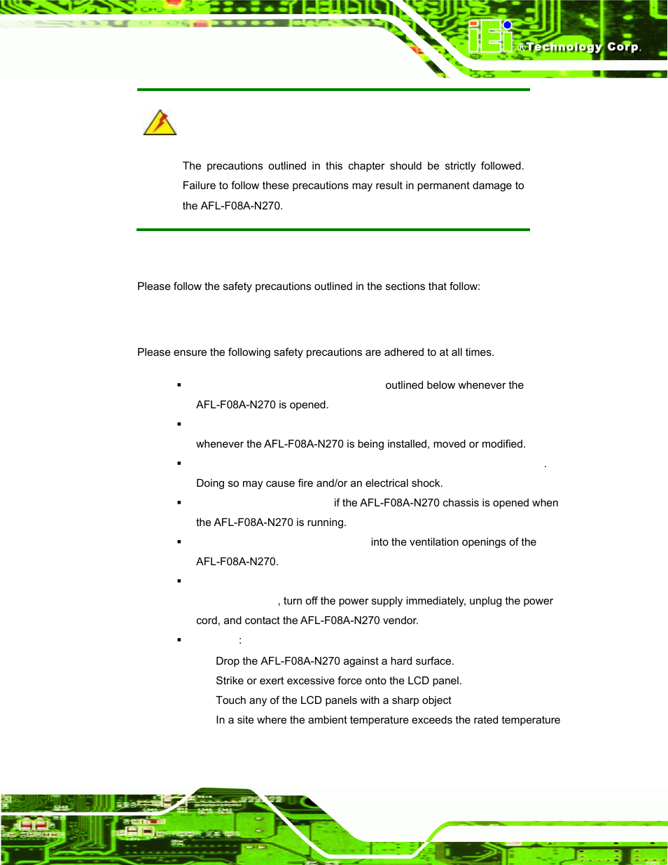 E.1 safety precautions, E.1.1 general safety precautions | IEI Integration AFL-F08A v2.40 User Manual | Page 168 / 179