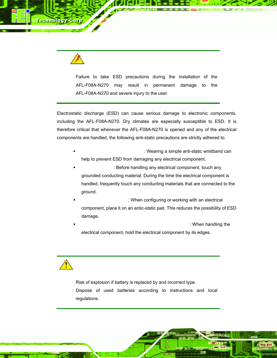 E.1.2 anti-static precautions, E.1.3 product disposal | IEI Integration AFL-F08A v2.40 User Manual | Page 169 / 179