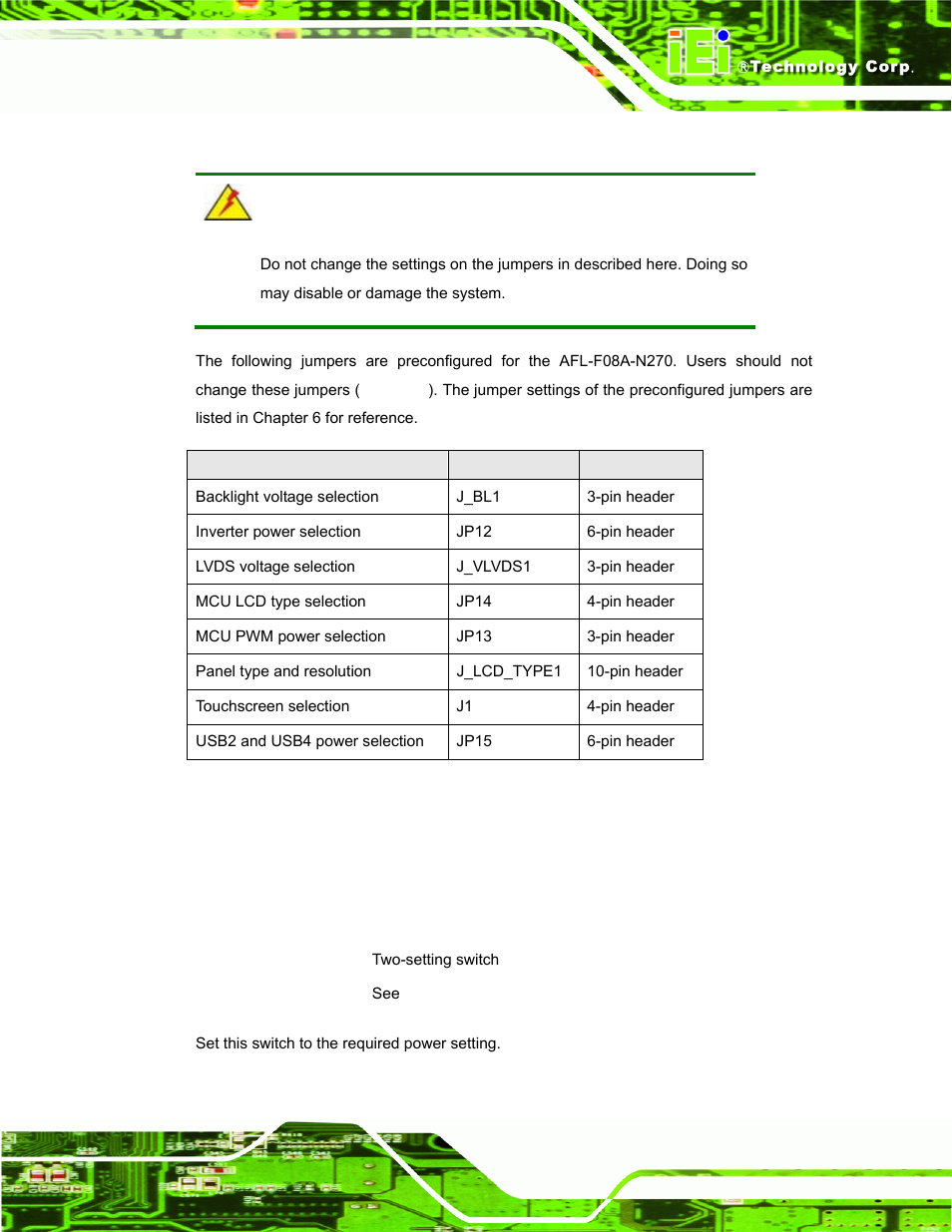 2 preconfigured jumpers, 3 at/atx power select jumper settings | IEI Integration AFL-F08A v2.40 User Manual | Page 36 / 179