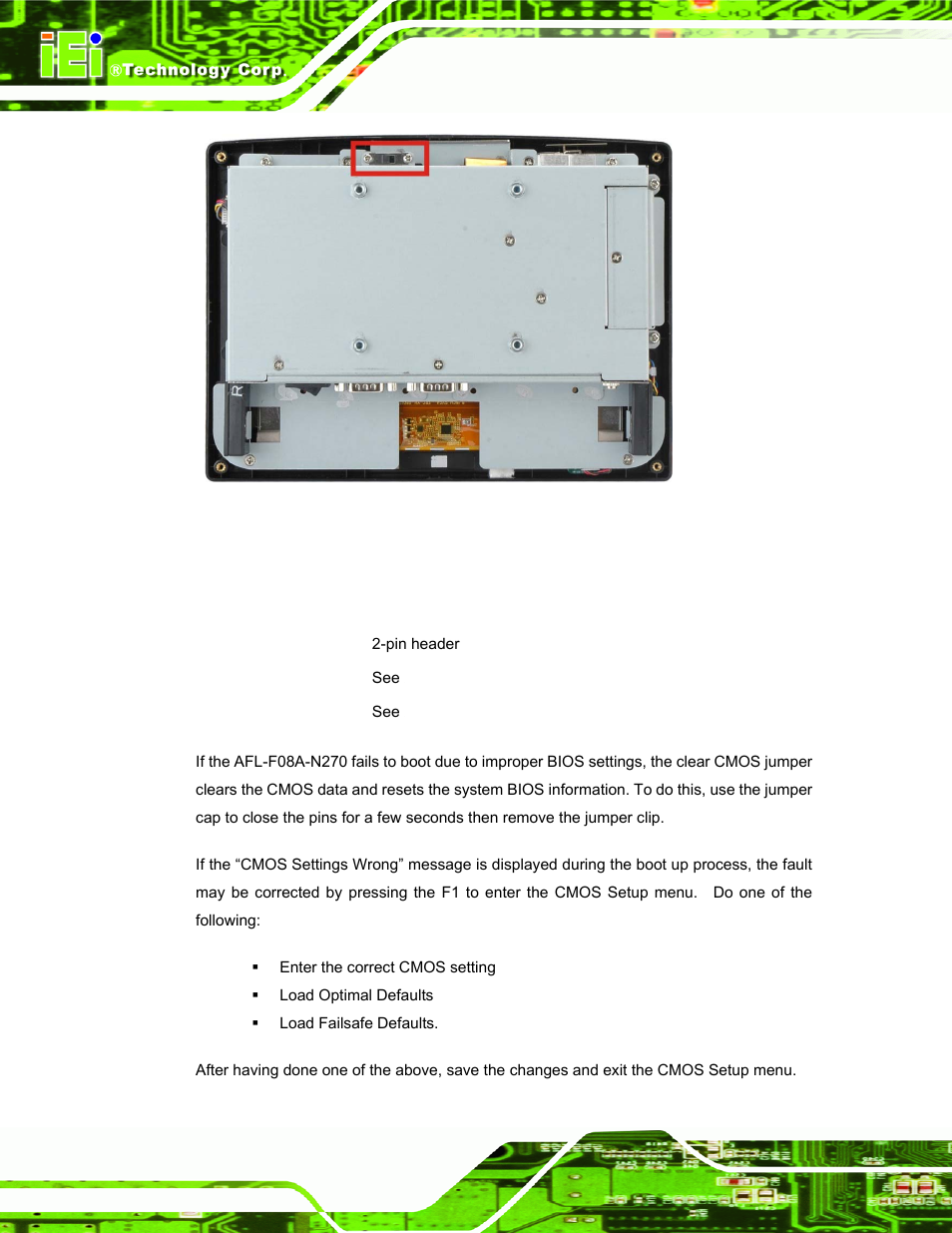 4 clear cmos jumper | IEI Integration AFL-F08A v2.40 User Manual | Page 37 / 179