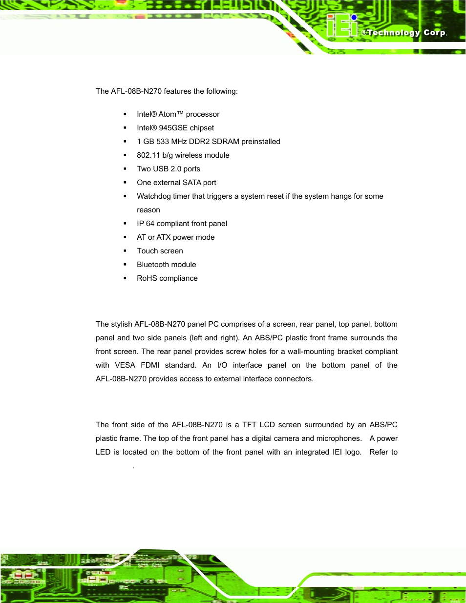 1 features, 2 external overview, 1 front panel | Xternal, Verview | IEI Integration AFL-08B-N270 v1.00 User Manual | Page 13 / 112
