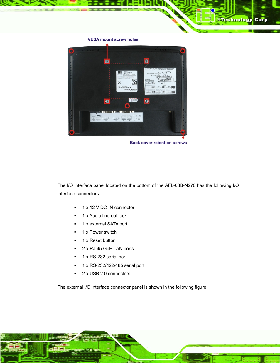 3 i/o interface panel, Figure 1-3: afl-08b-n270 rear view | IEI Integration AFL-08B-N270 v1.00 User Manual | Page 15 / 112