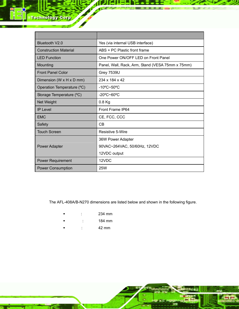 5 dimensions, Imensions, Table 1-1: afl-08b-n270 specifications | IEI Integration AFL-08B-N270 v1.00 User Manual | Page 18 / 112