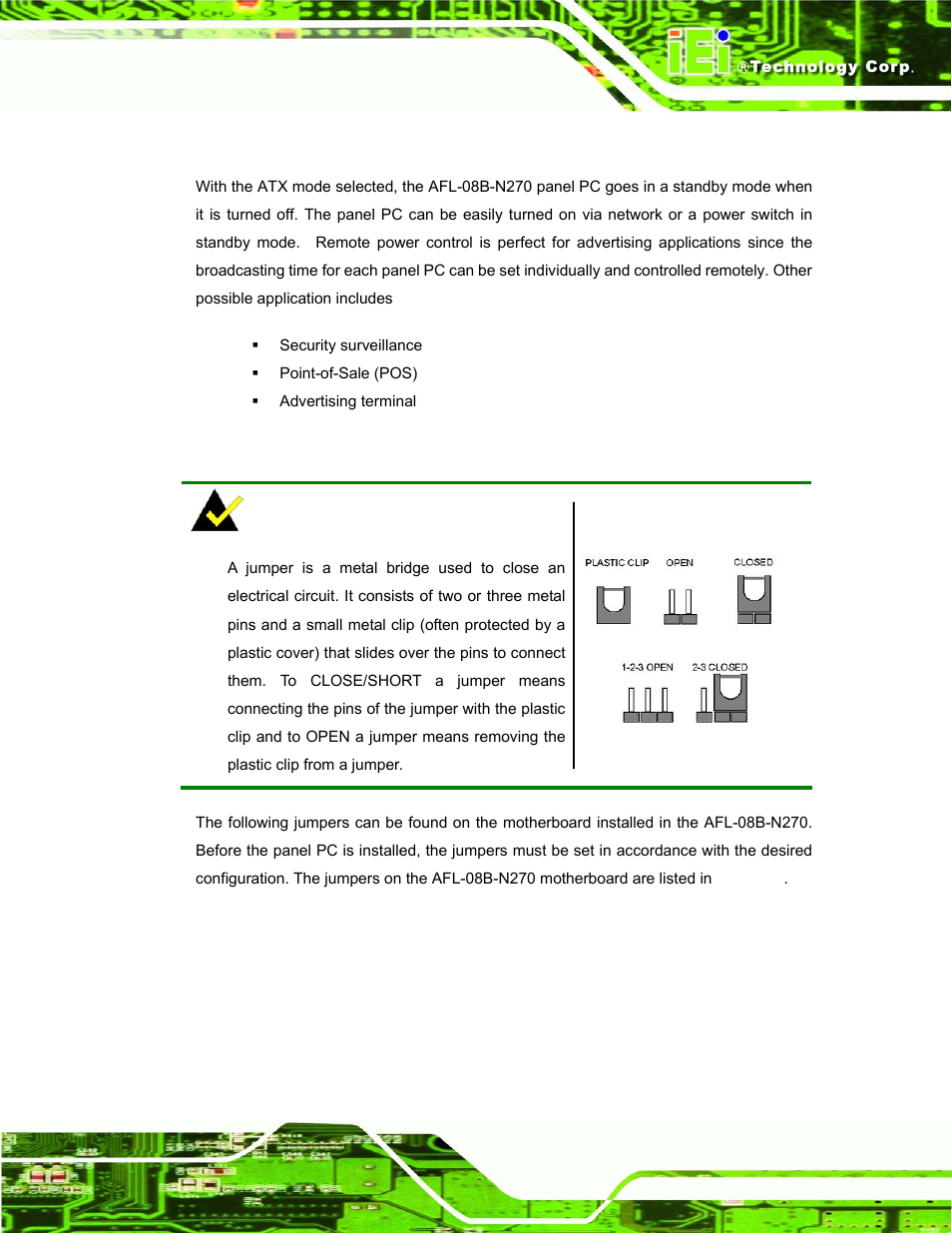 2 atx power mode, 5 jumper settings, Umper | Ettings | IEI Integration AFL-08B-N270 v1.00 User Manual | Page 29 / 112