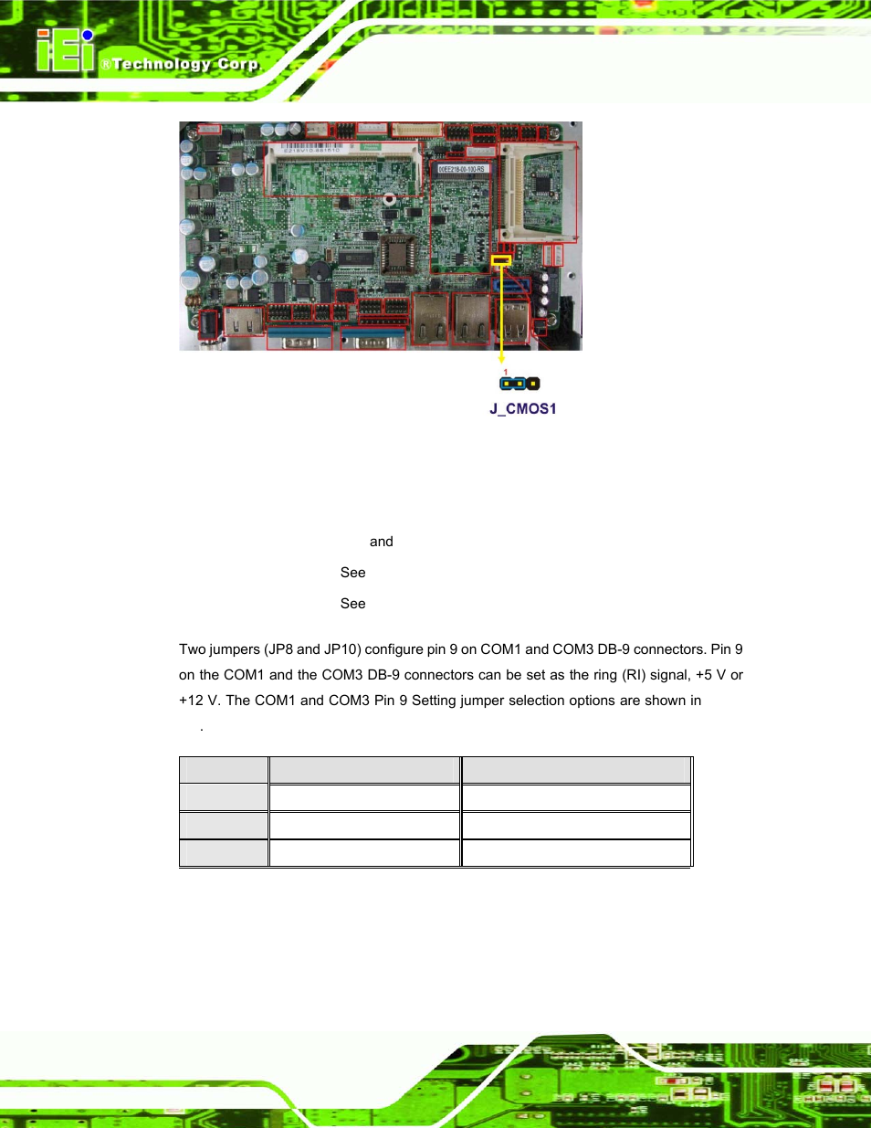 4 com port pin 9 select, Figure 2-5: clear cmos jumper, Table 2-4: com1 pin 9 setting jumper settings | See figure 2-5, Own in figure 2-5 | IEI Integration AFL-08B-N270 v1.00 User Manual | Page 32 / 112