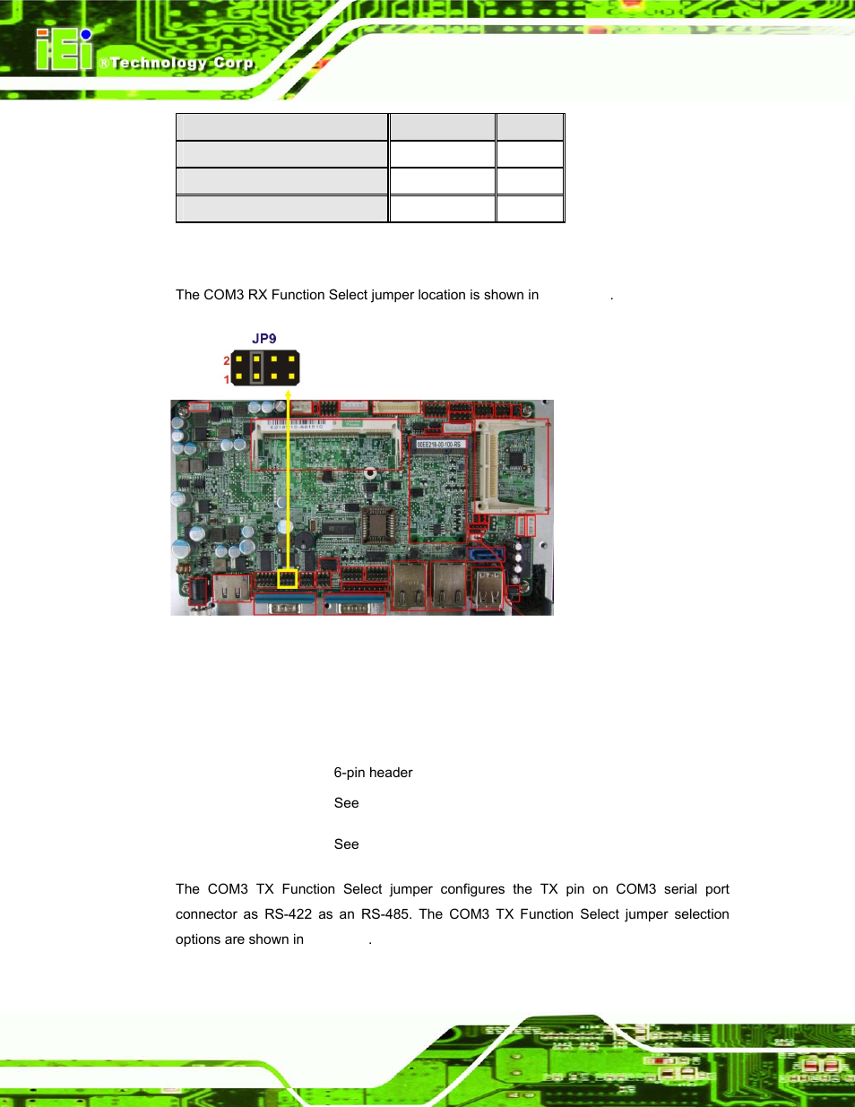 6 com3 tx function select jumper, Table 2-6: com3 rx function select jumper settings, See table 2-6 | See figure 2-7, Table 2-6 | IEI Integration AFL-08B-N270 v1.00 User Manual | Page 34 / 112