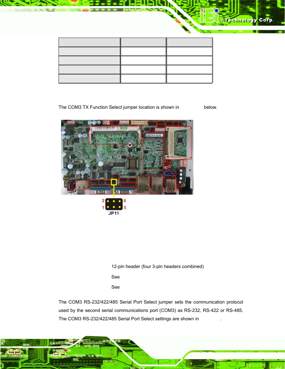 7 com3 rs-232/422/485 serial port select jumper, Table 2-7: com3 tx function select jumper settings, See table 2-7 | See figure 2-8, Table 2-7 | IEI Integration AFL-08B-N270 v1.00 User Manual | Page 35 / 112