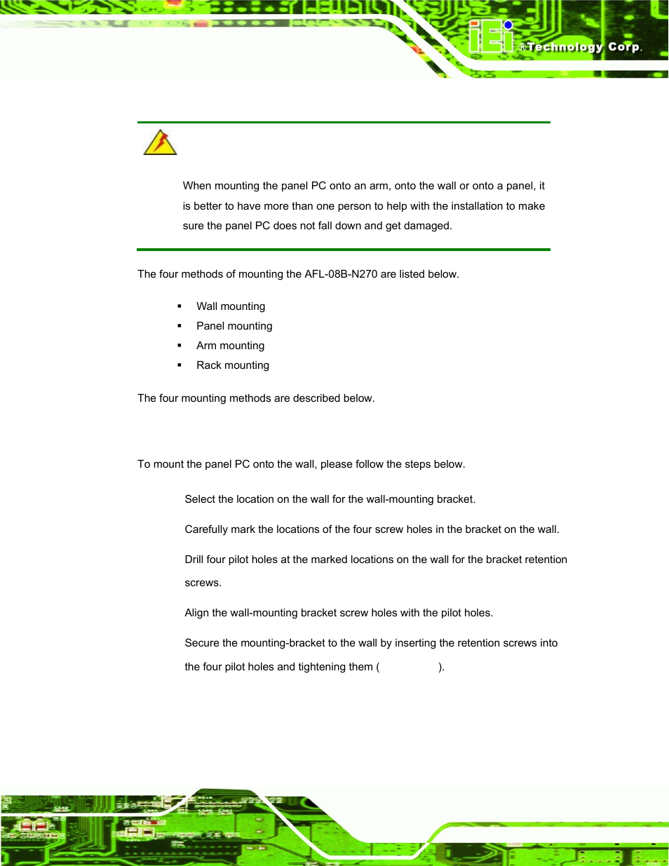 6 mounting the system, 1 wall mounting, Ounting the | Ystem | IEI Integration AFL-08B-N270 v1.00 User Manual | Page 37 / 112