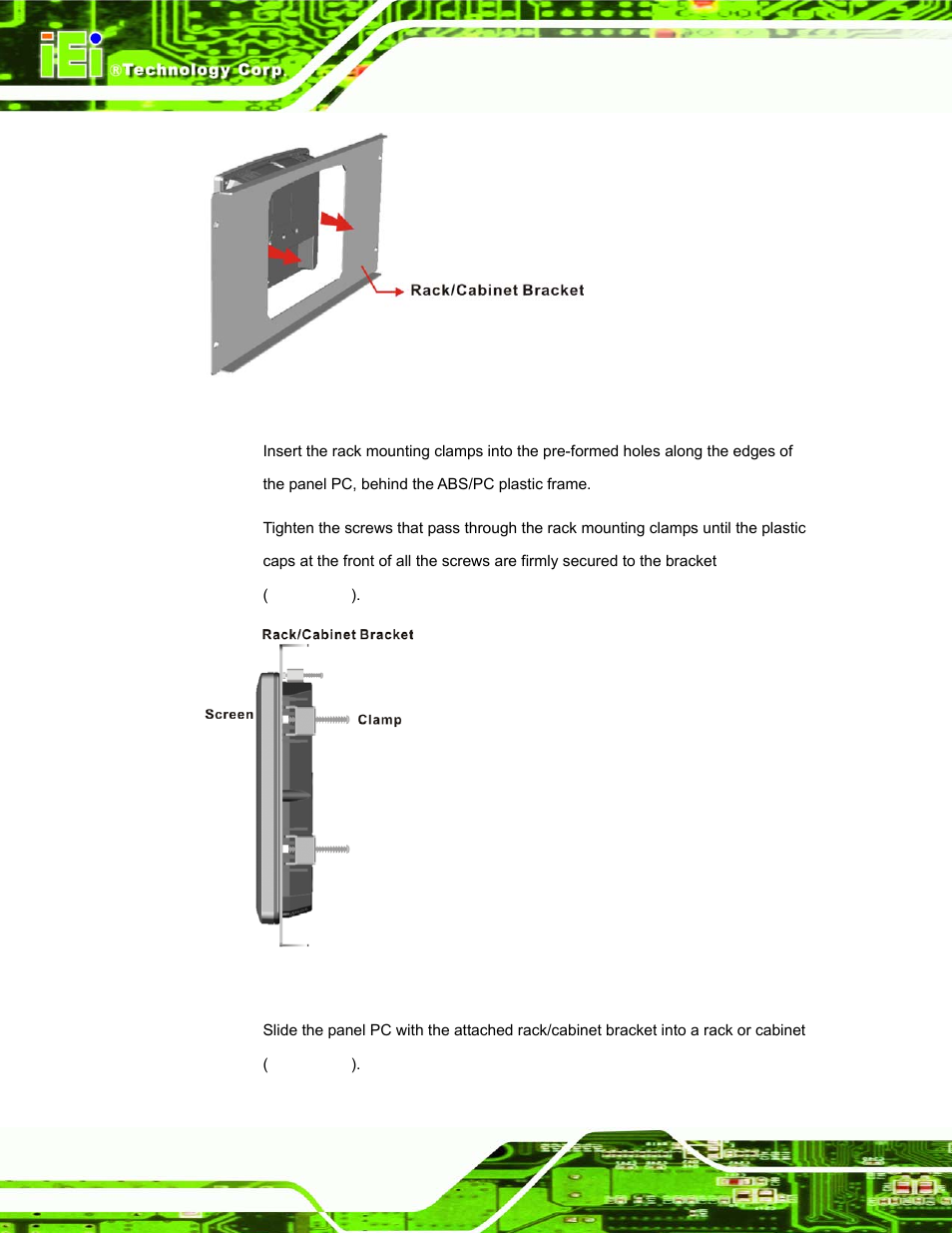 Figure 2-15: the rack/cabinet bracket, Figure 2-16: secure the rack/cabinet bracket | IEI Integration AFL-08B-N270 v1.00 User Manual | Page 42 / 112