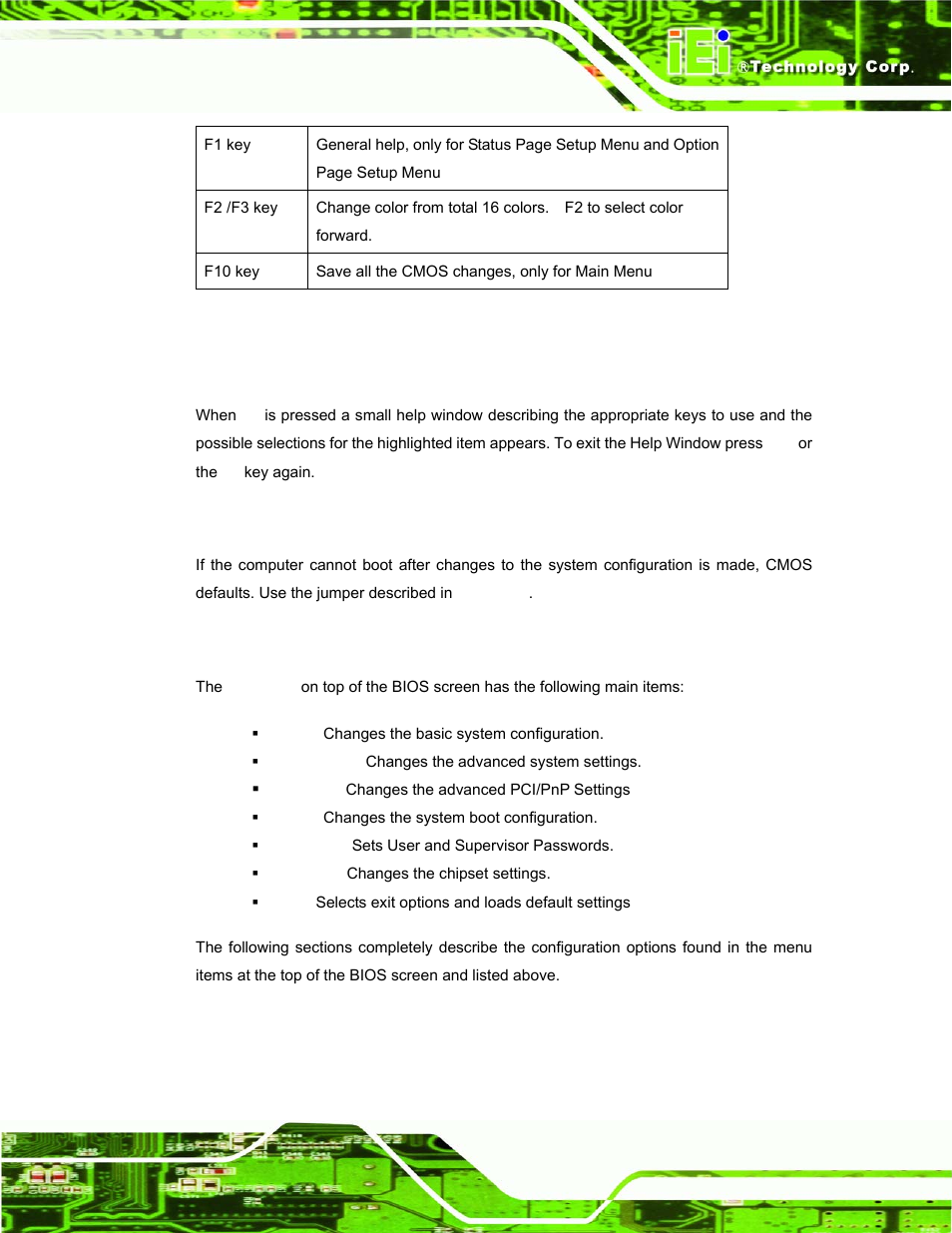 3 getting help, 4 unable to reboot after configuration changes, 5 bios menu bar | Table 4-1: bios navigation keys | IEI Integration AFL-08B-N270 v1.00 User Manual | Page 57 / 112