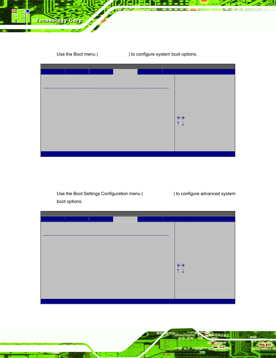 5 boot, 1 boot settings configuration, Bios menu 14: boot | Bios menu 15: boot settings configuration | IEI Integration AFL-08B-N270 v1.00 User Manual | Page 84 / 112