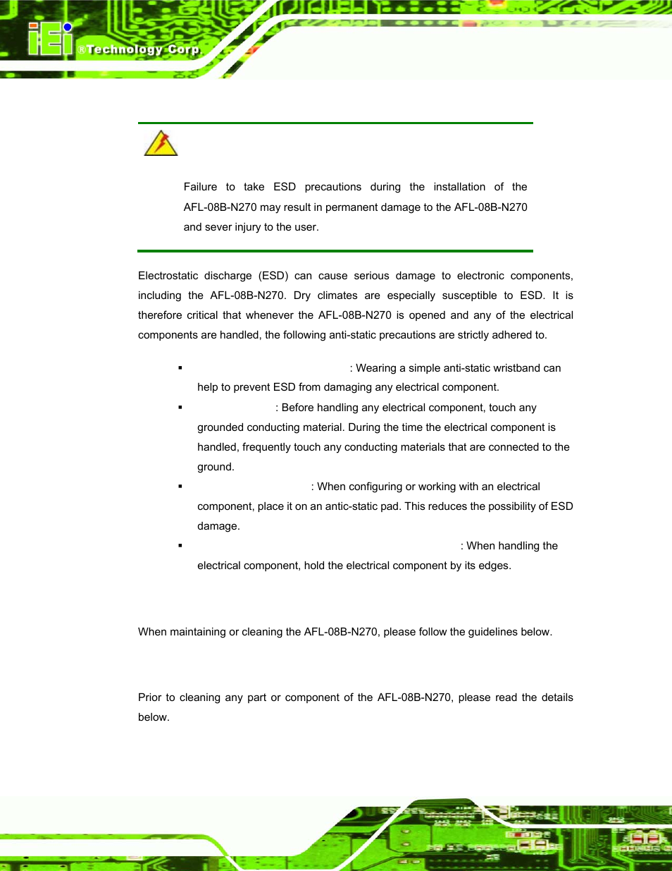 A.1.2 anti-static precautions, Aintenance and, Leaning | Recautions, A.2.1 maintenance and cleaning, A.2 maintenance and cleaning precautions | IEI Integration AFL-08B-N270 v1.00 User Manual | Page 96 / 112