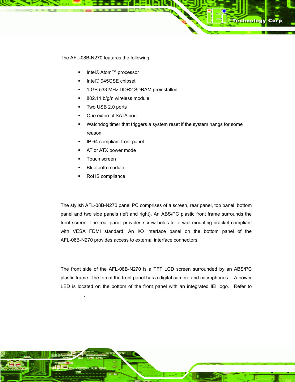 1 features, 2 external overview, 1 front panel | Xternal, Verview | IEI Integration AFL-08B-N270 v2.10 User Manual | Page 13 / 114