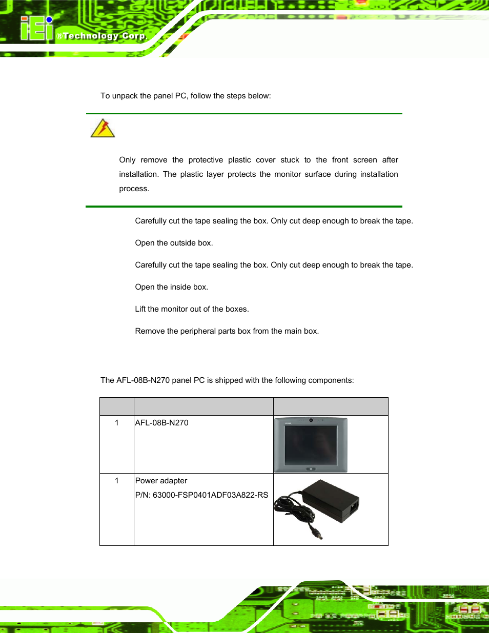 1 unpack the panel pc, 1 packing list, Npack the | Anel | IEI Integration AFL-08B-N270 v2.10 User Manual | Page 22 / 114