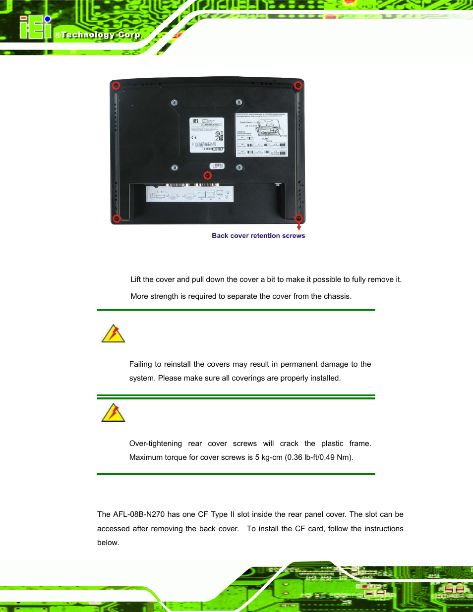 3 cf card installation, Nstallation, Figure 2-1: back cover retention screws | IEI Integration AFL-08B-N270 v2.10 User Manual | Page 26 / 114