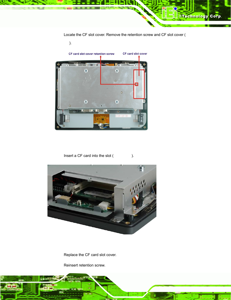 Figure 2-2: cf card slot location, Figure 2-3: cf card location | IEI Integration AFL-08B-N270 v2.10 User Manual | Page 27 / 114