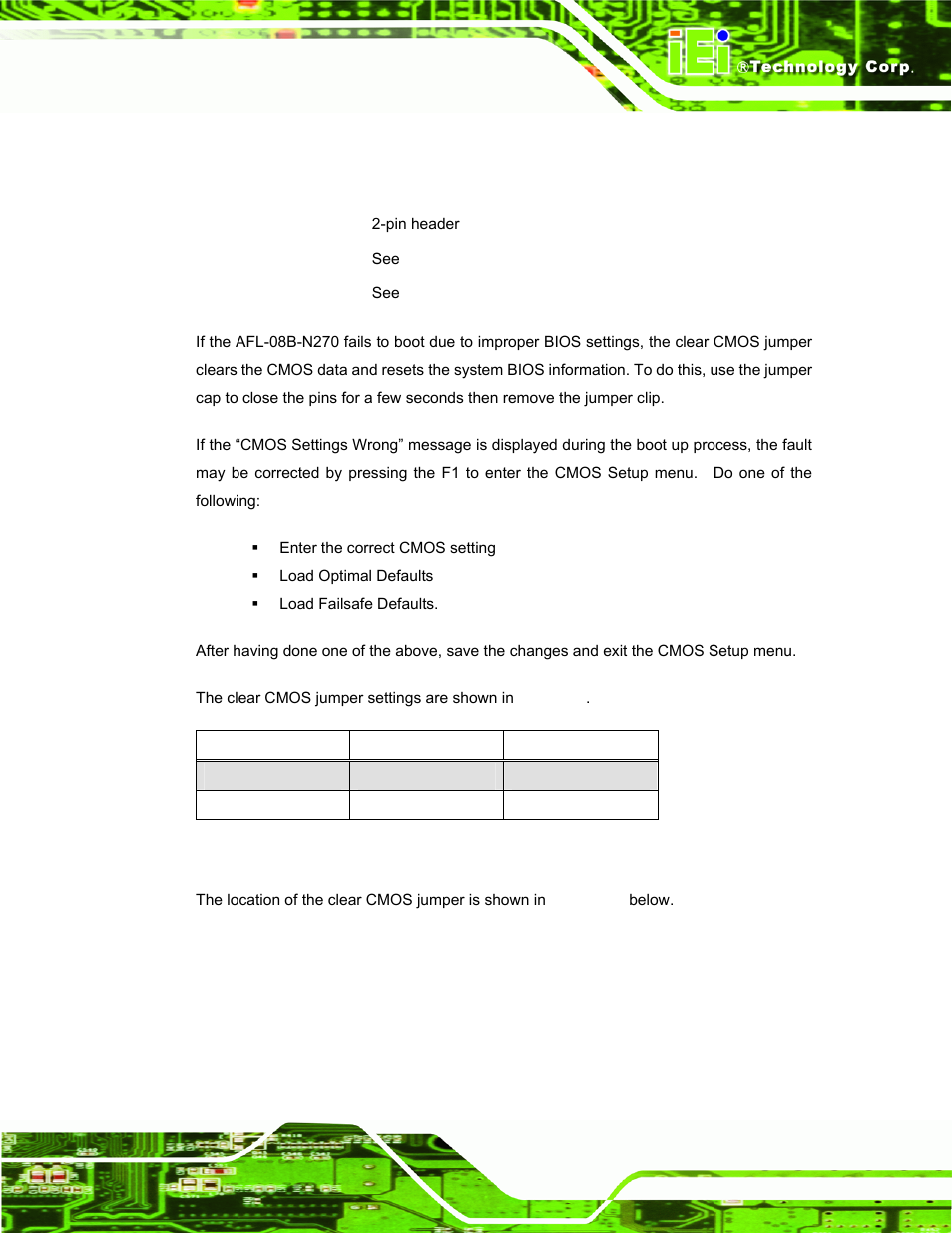 3 clear cmos jumper, Table 2-3: clear cmos jumper settings | IEI Integration AFL-08B-N270 v2.10 User Manual | Page 31 / 114