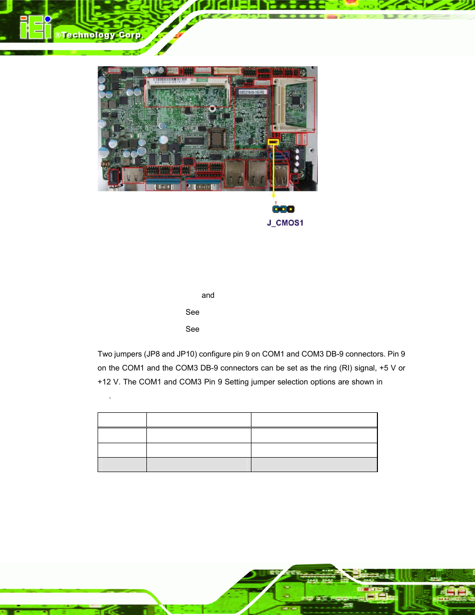 4 com port pin 9 select, Figure 2-5: clear cmos jumper, Table 2-4: com1 pin 9 setting jumper settings | See figure 2-5, Own in figure 2-5 | IEI Integration AFL-08B-N270 v2.10 User Manual | Page 32 / 114