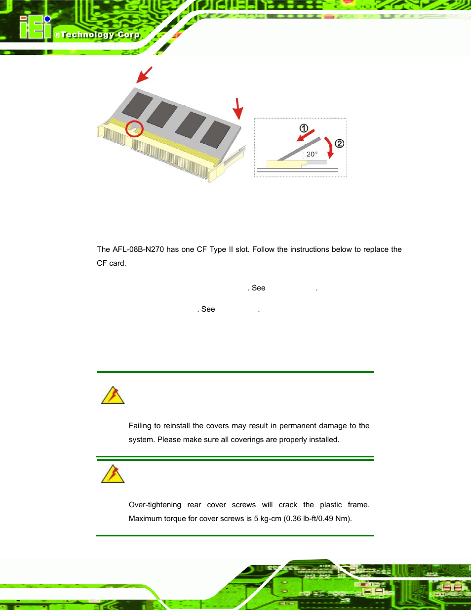 5 cf card replacement, 6 reinstalling the covers, Eplacement | Einstalling the, Overs | IEI Integration AFL-08B-N270 v2.10 User Manual | Page 54 / 114