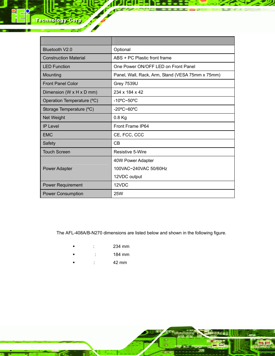5 dimensions, Imensions, Table 1-1: afl-08b-n270 specifications | IEI Integration AFL-08B-N270 v2.20 User Manual | Page 18 / 114