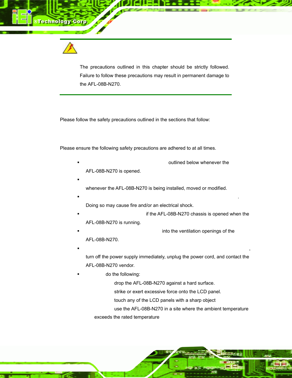 A.1 safety precautions, A.1.1 general safety precautions, Afety | Recautions | IEI Integration AFL-08B-N270 v2.20 User Manual | Page 96 / 114