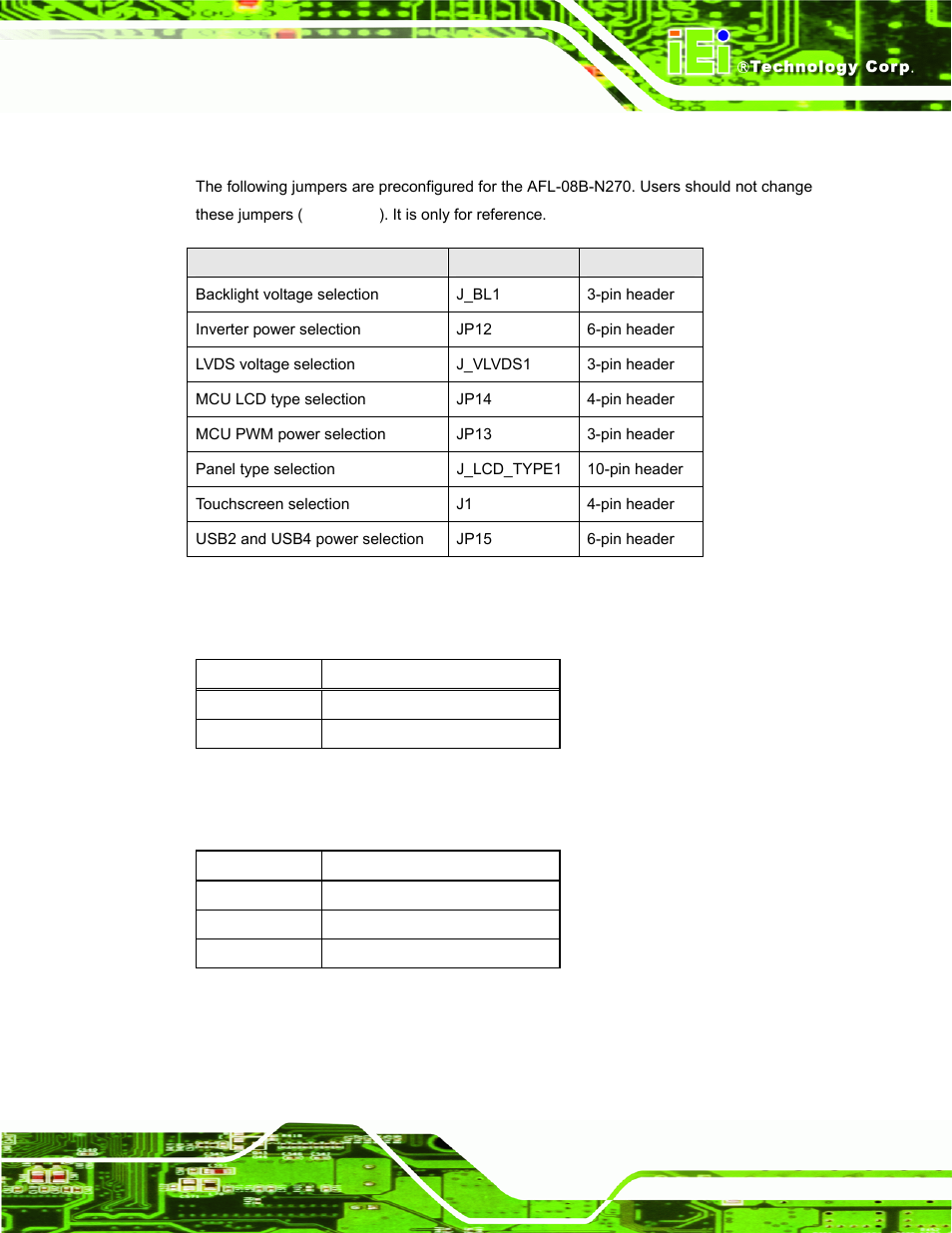 4 preconfigured jumper settings, 1 backlight voltage selection jumper (j_bl1), 2 inverter power selection jumper (jp12) | IEI Integration AFL-08B-N270 v2.30 User Manual | Page 107 / 132