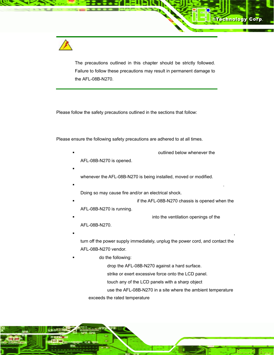 A.1 safety precautions, A.1.1 general safety precautions | IEI Integration AFL-08B-N270 v2.30 User Manual | Page 111 / 132