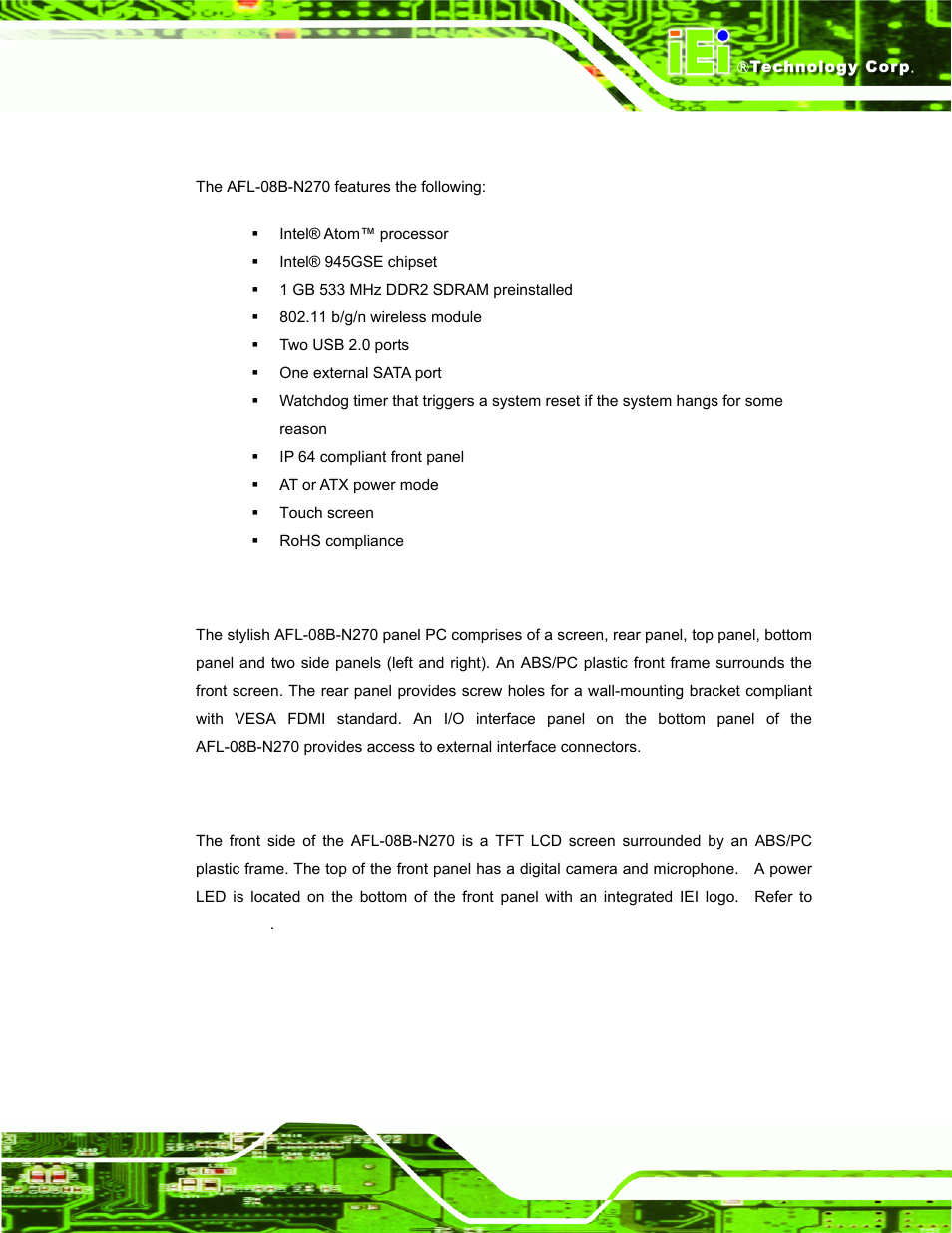 2 features, 3 external overview, 1 front panel | IEI Integration AFL-08B-N270 v2.30 User Manual | Page 15 / 132