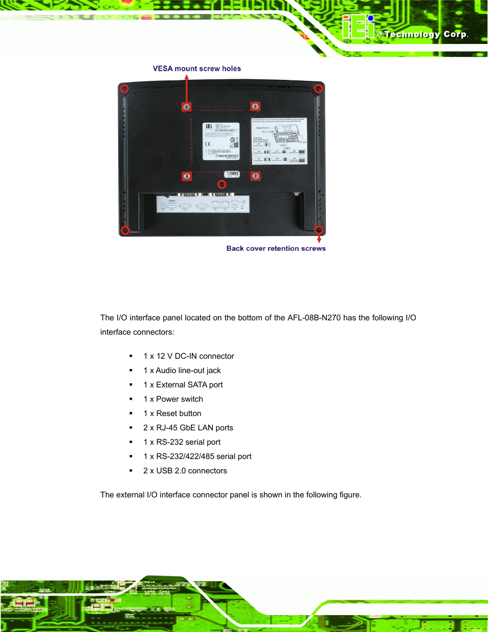 3 i/o interface panel | IEI Integration AFL-08B-N270 v2.30 User Manual | Page 17 / 132