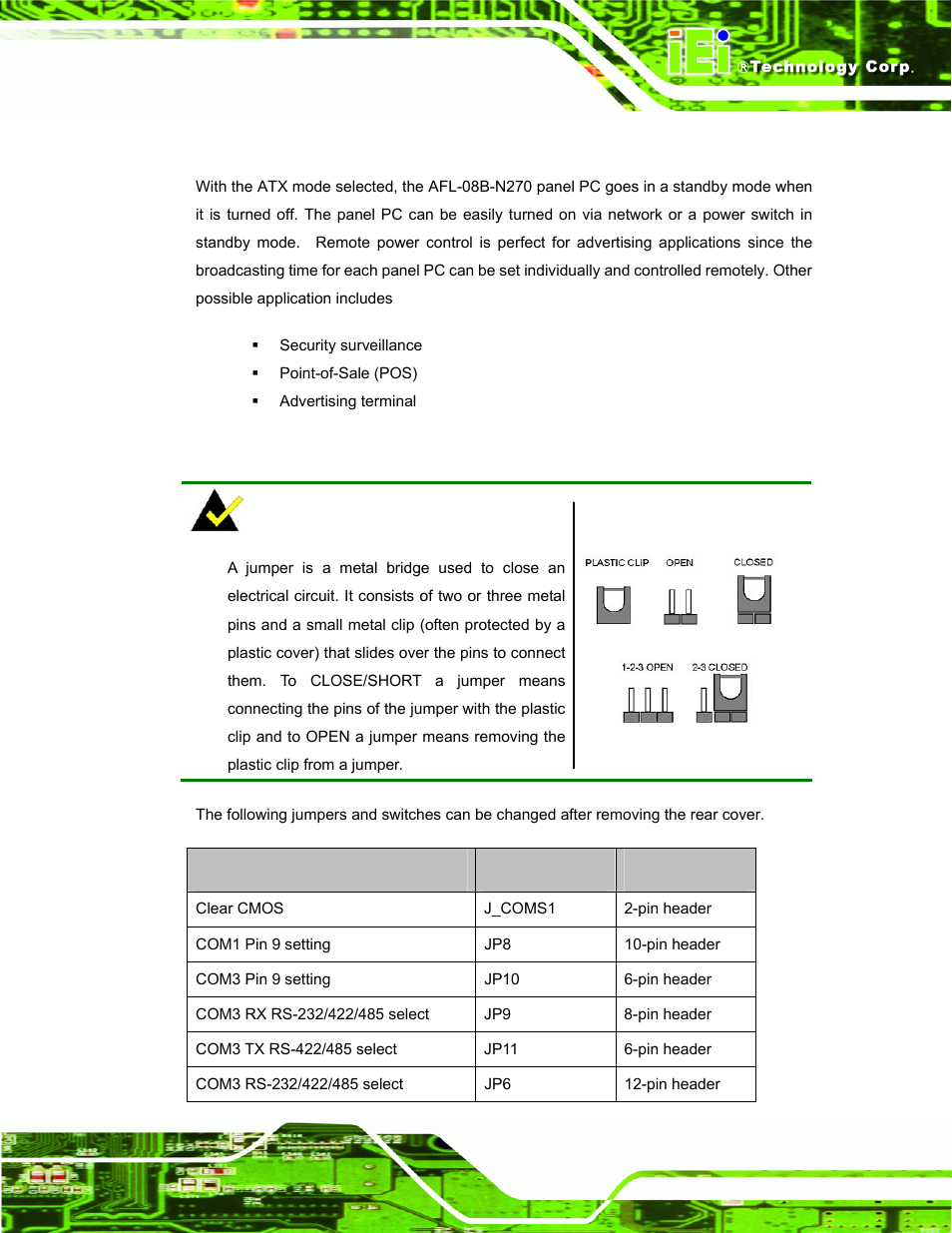 2 atx power mode, 5 jumper settings | IEI Integration AFL-08B-N270 v2.30 User Manual | Page 31 / 132
