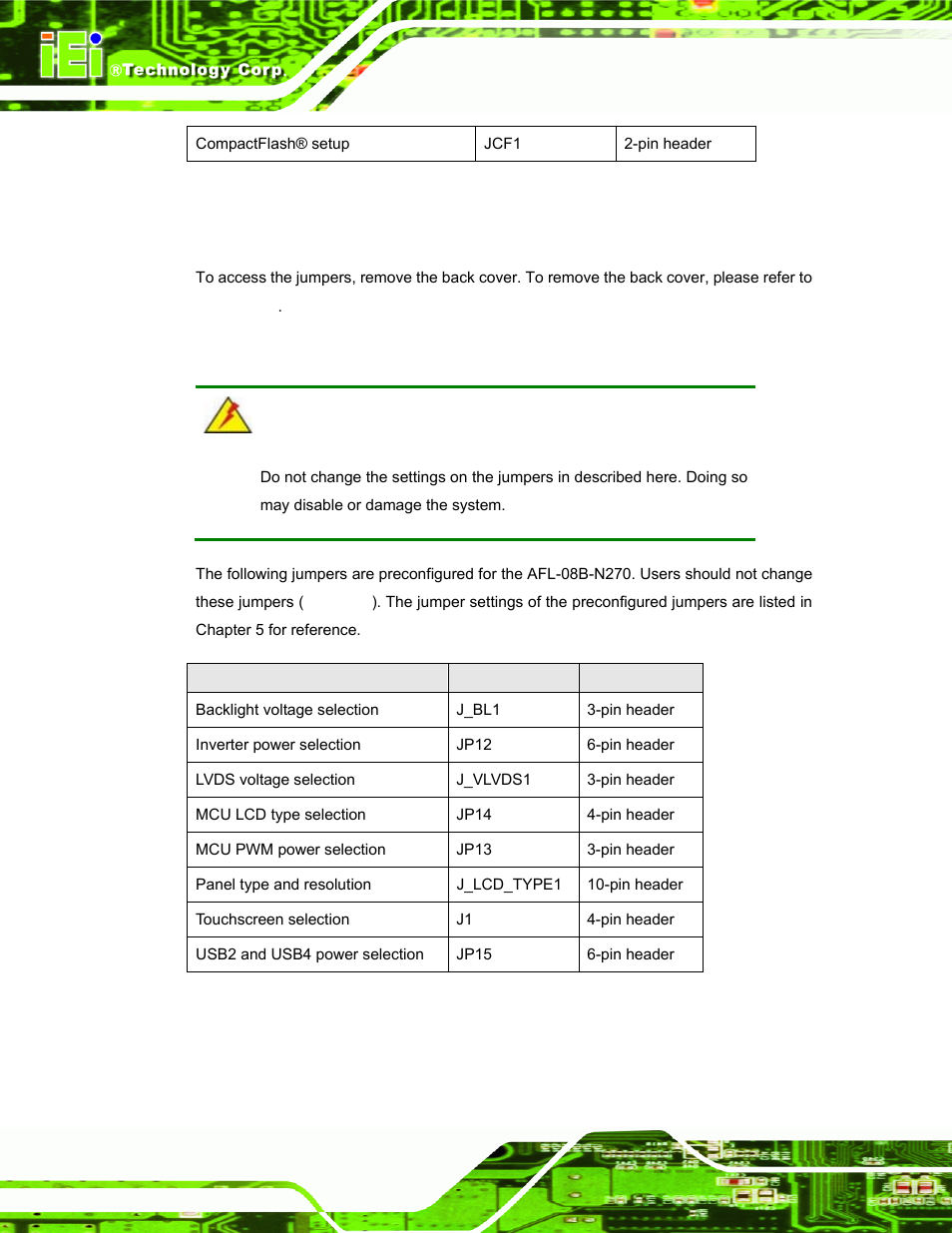 1 access the jumpers, 2 preconfigured jumpers | IEI Integration AFL-08B-N270 v2.30 User Manual | Page 32 / 132