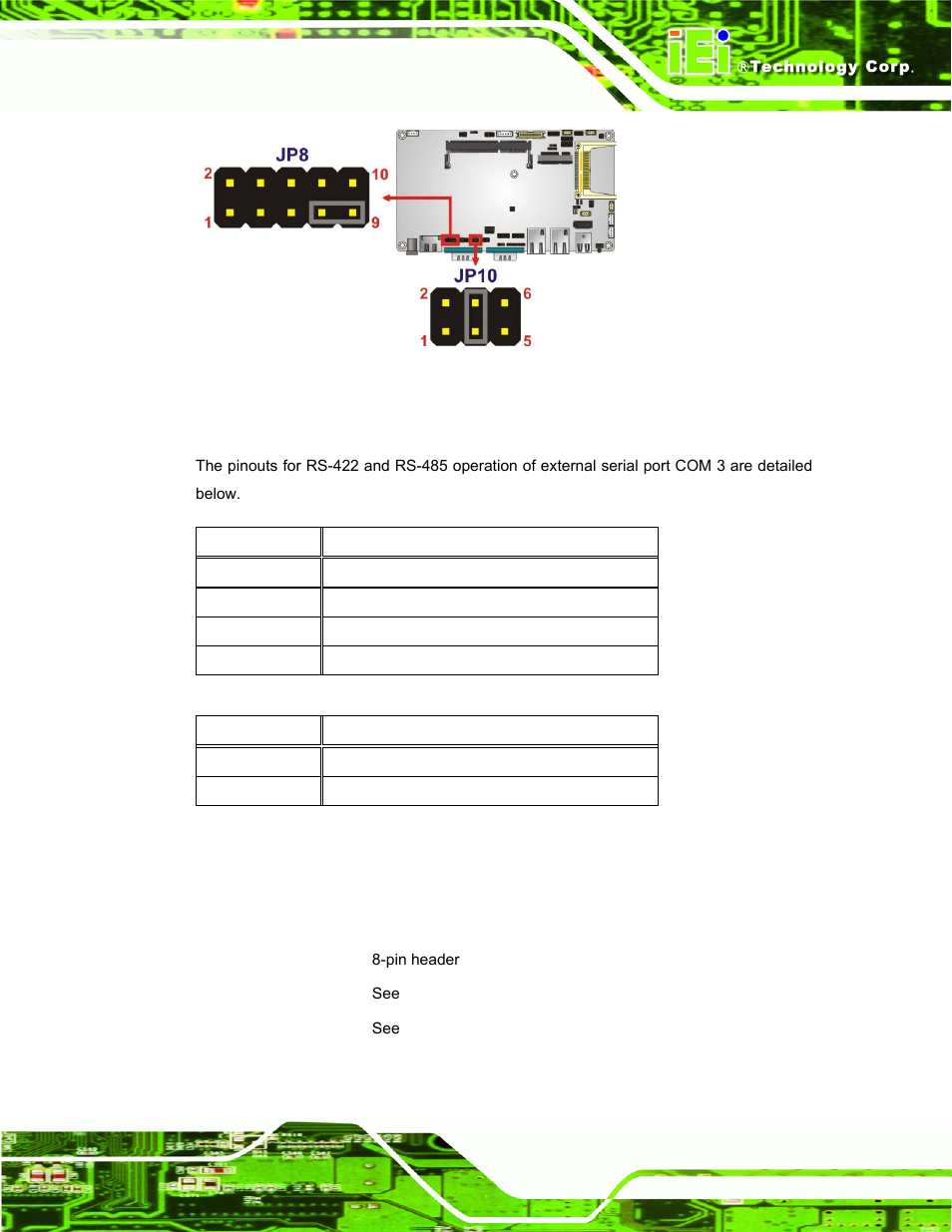 1 com3 rs-422 and rs-485 pinouts, 5 com3 rx function select jumper | IEI Integration AFL-08B-N270 v2.30 User Manual | Page 35 / 132