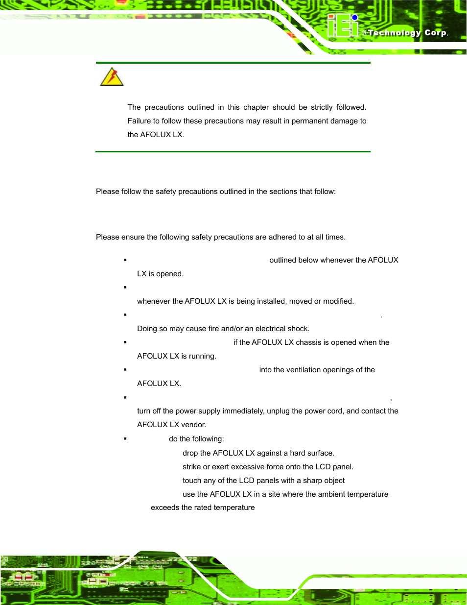 A.1 safety precautions, A.1.1 general safety precautions, Afety | Recautions | IEI Integration AFL-056A-LX v1.02 User Manual | Page 84 / 116