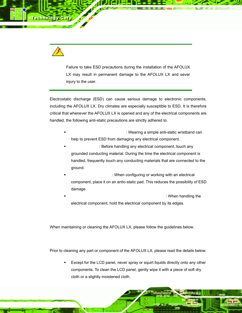 A.1.2 anti-static precautions, A.2 maintenance and cleaning precautions, A.2.1 maintenance and cleaning | Aintenance and, Leaning, Recautions | IEI Integration AFL-056A-LX v1.02 User Manual | Page 85 / 116