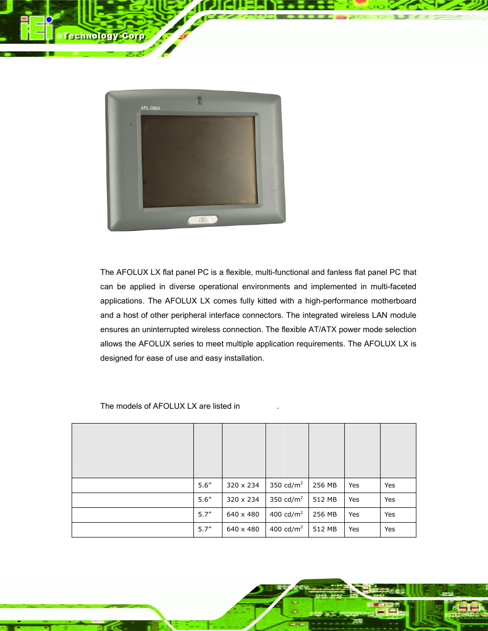 1 afolux lx flat panel pc overview, 1 model variations, Afolux | Anel, Verview, Figure 1-1: afolux lx, Table 1-1: model variations, Afolux lx panel pc page 2 | IEI Integration AFL-056A-LX v2.10 User Manual | Page 15 / 114