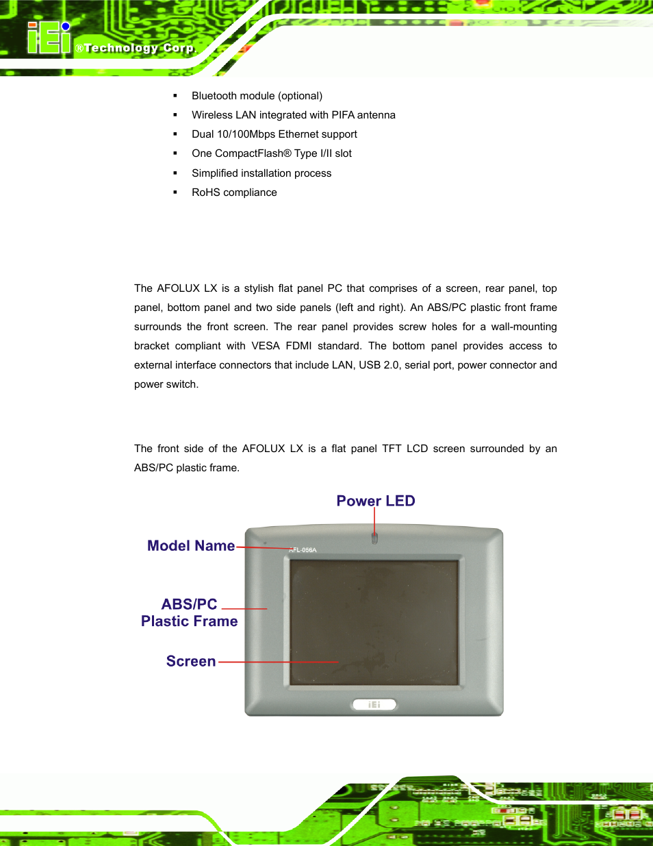2 external overview, 1 general description, 2 front panel | Xternal, Verview, Figure 1-2: front view | IEI Integration AFL-056A-LX v2.10 User Manual | Page 17 / 114